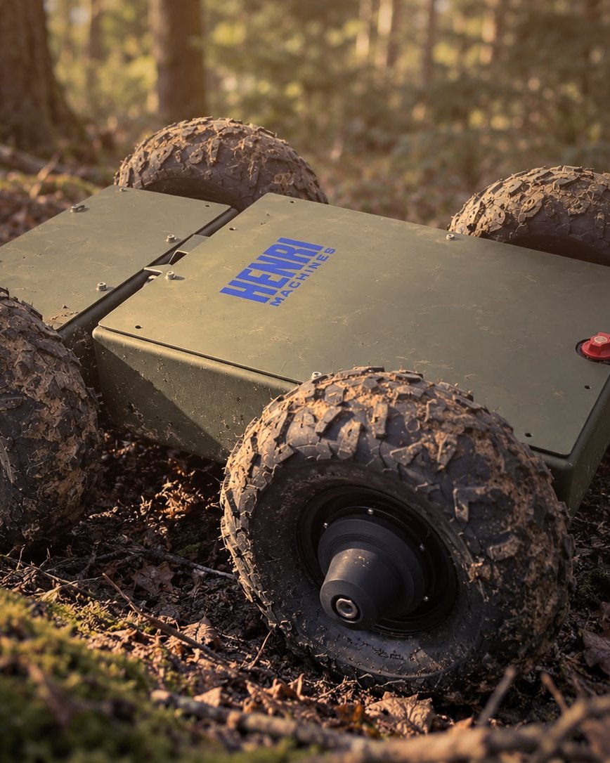 Henri Machines uncrewed ground vehicle on a forest floor at dusk